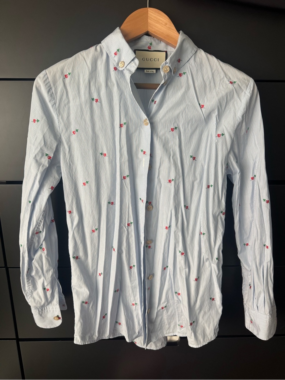 Gucci Light Blue Cotton Shirt with Red Cherry Motif